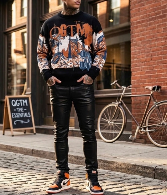 QGTM Black Relaxed fit knitted crew neck sweater